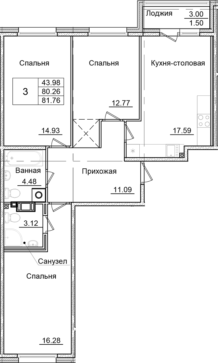 3-комнатная квартира 81.76 м², 2/9 эт., ЖК «Квартал Заречье»